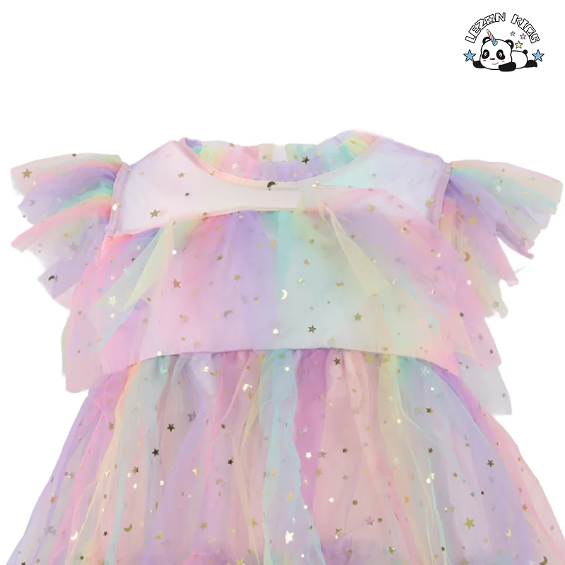 LEZONKIDS - Custom Fly Sleeve Star Print Rainbow Layered Tulle Dress for Girls